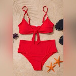 Blooming Jelly Red High-Waisted Bikini Set Knot Front Size M